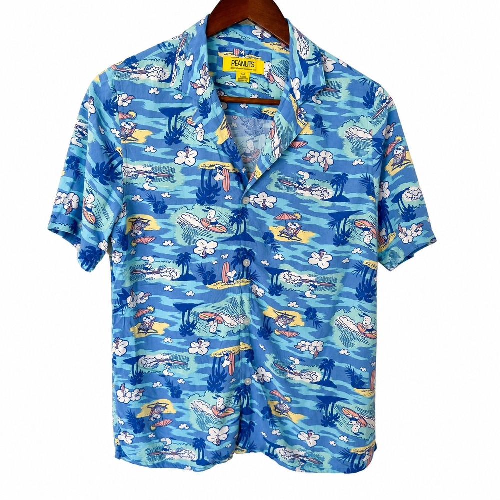 Peanuts Snoopy Hawaiian Shirt Blue Surf Tropical Rayon Button Down Unisex Large